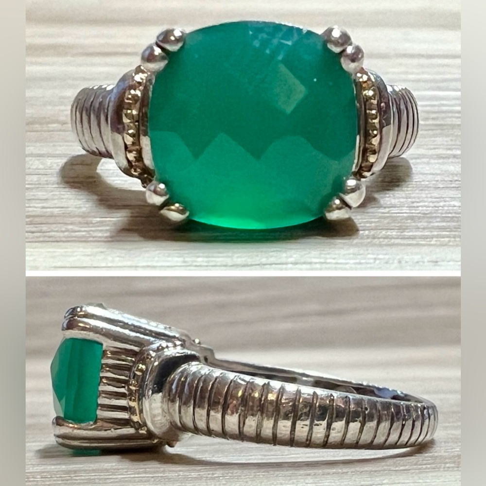 Designer Signed ATR Sterling Silver & 14K Gold Green Chalcedony Ring, Size  6.75